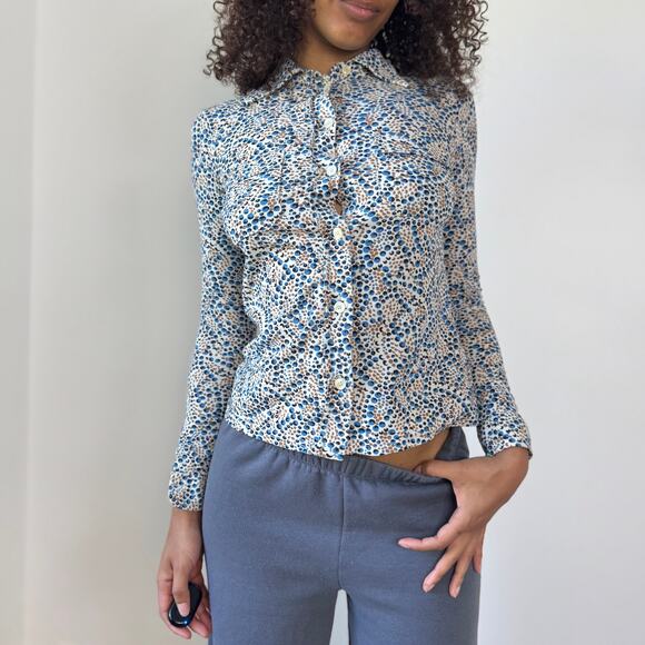 Vintage Italian Button-Up Mesh Blouse with Micro Dot Print (XS) - Picture 4 of 7